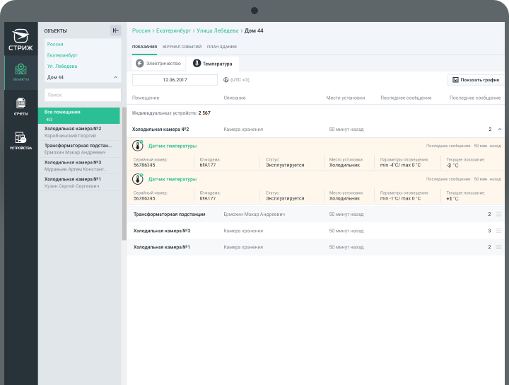 Показания температуры в личном кабинете «СТРИЖ.Cloud» скриншот